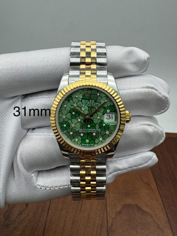 Rolex Lady Datejust  Green Flower Motif Two Tone Watch Swiss Eta