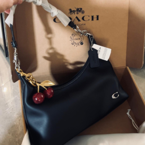 Coach Leather Shoulder Bag in Black with Cherry Charm Detailing