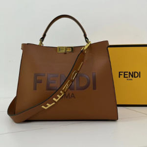 Fendi Leather Tote Bags in Brown, Green, and Black with Embossed Logos and Gold Tone Hardware