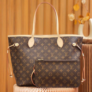 Louis Vuitton Neverfull MM Tote Bag with Brown Monogram Canvas and Natural Leather Trim