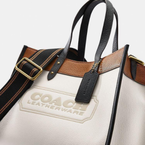 Coach Leatherware Tote Bag with Ivory Pebbled Leather, Tan Trim, and  Back Handles