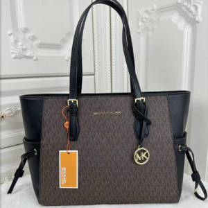 Michael Kors Jet Set Tote Bags with Brown Logo Canvas and Black or Acorn Leather Trim