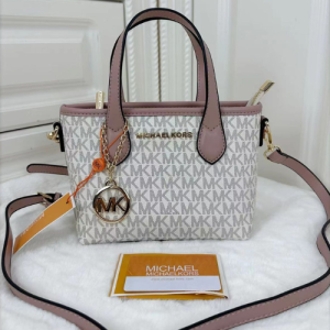 Michael Kors Mini Tote Bags with Vanilla or Brown Logo Canvas and Pink, Acorn, or Chocolate Leather Trim