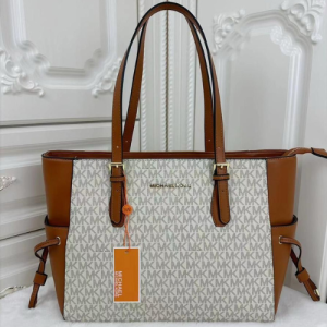 Michael Kors Tote Bags with Vanilla or Brown Logo Canvas and Acorn or Black Leather Straps