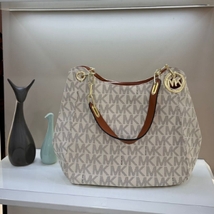Michael Kors Shoulder Bag with Vanilla or Brown Logo Canvas and Acorn Leather Strap