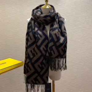 Fendi Stole with Brown and Black FF Logo Pattern and Fringed Edges