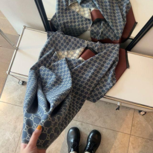 Gucci GG-Jacquard Wool Stole in Blue and Ivory with Brown Leather Trim