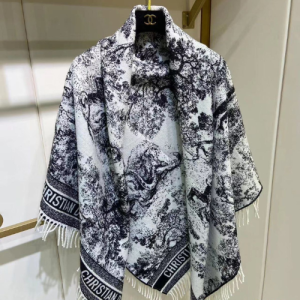 Dior Toile De Jouy Wool Stole in Ivory and Navy with Fringed Edges