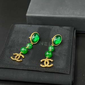 Chanel Gold-Tone Drop Earrings with Green Bead Accents and Logo Charm