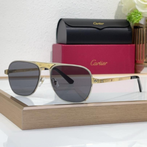 Cartier Square Frame Metal Sunglasses with Gold Tone Frames and Grey Tinted Lenses