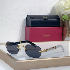 Cartier Rimless Square Sunglasses with Gold Tone Temples and Grey Tinted Lenses