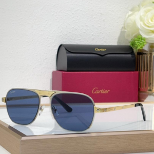 Cartier Square Frame Metal Sunglasses with Gold Tone Frames and Blue Tinted Lenses