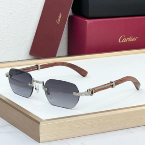 Cartier Rectangular Frame Sunglasses with Brown Wooden Temples and Black Tinted Lenses