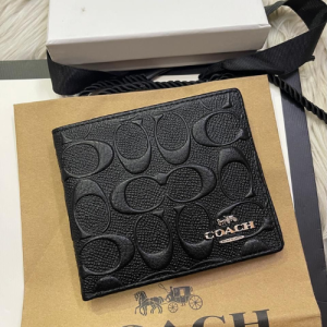 Coach Black Men's Wallet with Embossed Logo Pattern and Metallic Brand Emblem