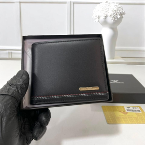 Emporio Armani Bi-Fold Wallet with Black Smooth Leather and Red Stitching Detail