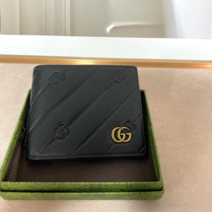 Gucci Black Leather Wallet with Embossed GG Pattern and Gold GG Logo