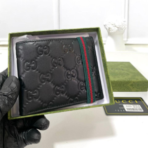 Gucci Black Bi-Fold Wallet with Embossed GG Pattern and Signature Web Stripe