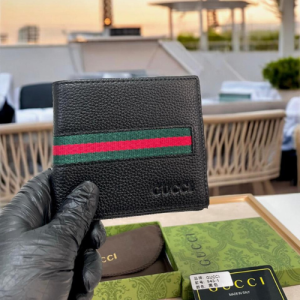 Gucci Black Bi-Fold Wallet with Green and Red Web Stripe and Debossed Logo