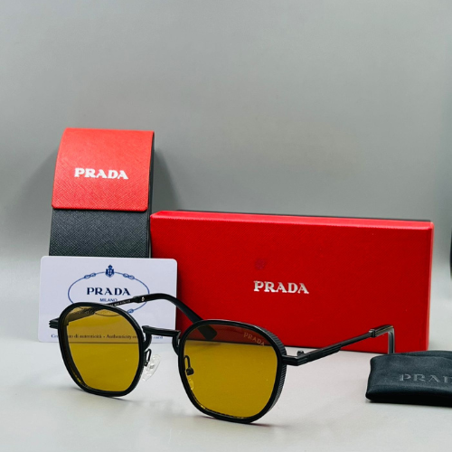 Prada Round Frame Metal Sunglasses with Yellow-Tinted Lenses
