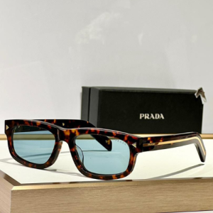 Prada Tortoiseshell Rectangular Frame Sunglasses with Blue Tinted Lenses