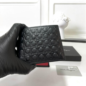Salvatore Ferragamo Black Bi-Fold Wallet with Embossed Gancini Pattern