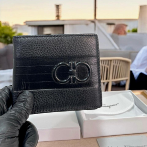 Salvatore Ferragamo Black Leather BiFold Wallet with Signature Gancini Logo