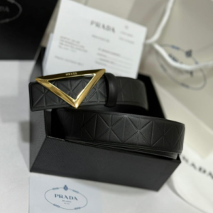 Prada Belt in Black with a Gold Triangle Buckle and Geometric Pattern