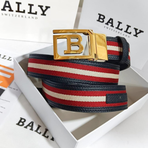 Bally Belt with a Navy, Red, and Beige Striped Pattern