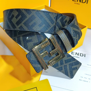 Fendi Belt with a Blue and Beige Pattern and a Gold Colored Buckle