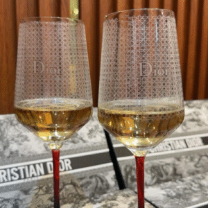 Dior Wine Glasses with a Red Stem and Elegant Silver Texture