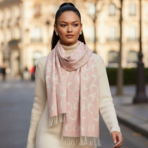 Coach Blush-Pink Logo Stole With Cream Monogram Pattern