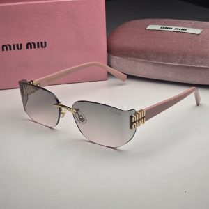 Miu Miu Rimless Square Frame Sunglasses With Pink Gradient Lenses And Blush Pink Temples