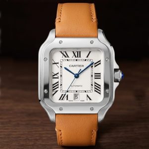 Cartier Silver Square Case Watch With Leather Strap And White Roman Numeral Dial.