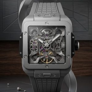 Hublot Square Skeleton Dial Watch With Brushed Silver Case And Black Strap