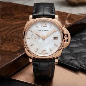 Panerai Rose Gold Watch With a White Dial And Black Leather Strap