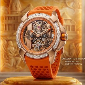 Jacob & Co. Rose Gold Skeleton Watch With Orange Rubber Strap