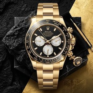 Rolex Round-Case Gold Chronograph Watch With Black Dial And White Subdials