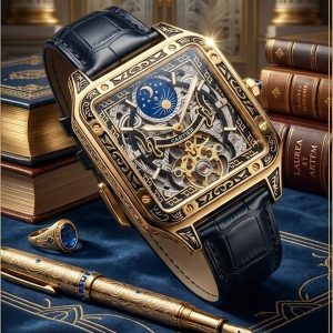 Cartier Square-Case Skeleton Watch With Gold-Tone Finish And Blue Moonphase Dial