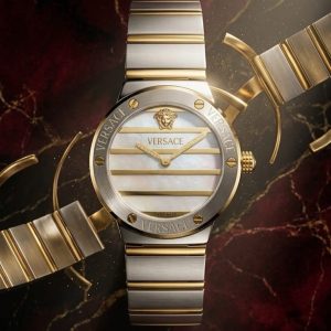 Versace Gold And Silver Stainless Steel Watch With A White Face